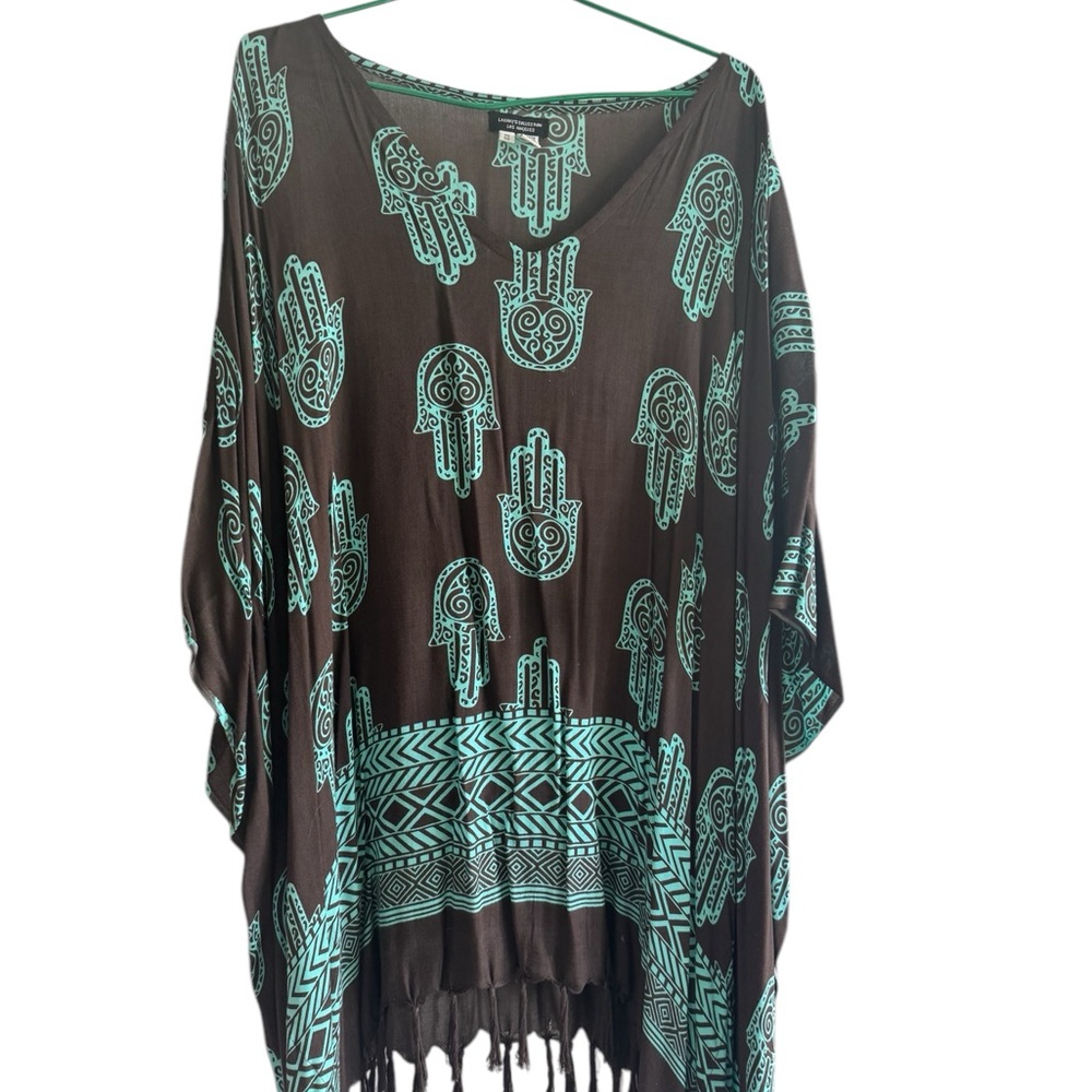 Tunic Top with Fringe accents in Brown with turquoise Hamsa’s. OS